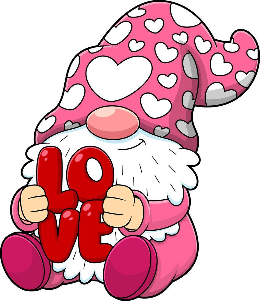 Cute Gnome Lover Cartoon Character Holding A Red Text Love vector