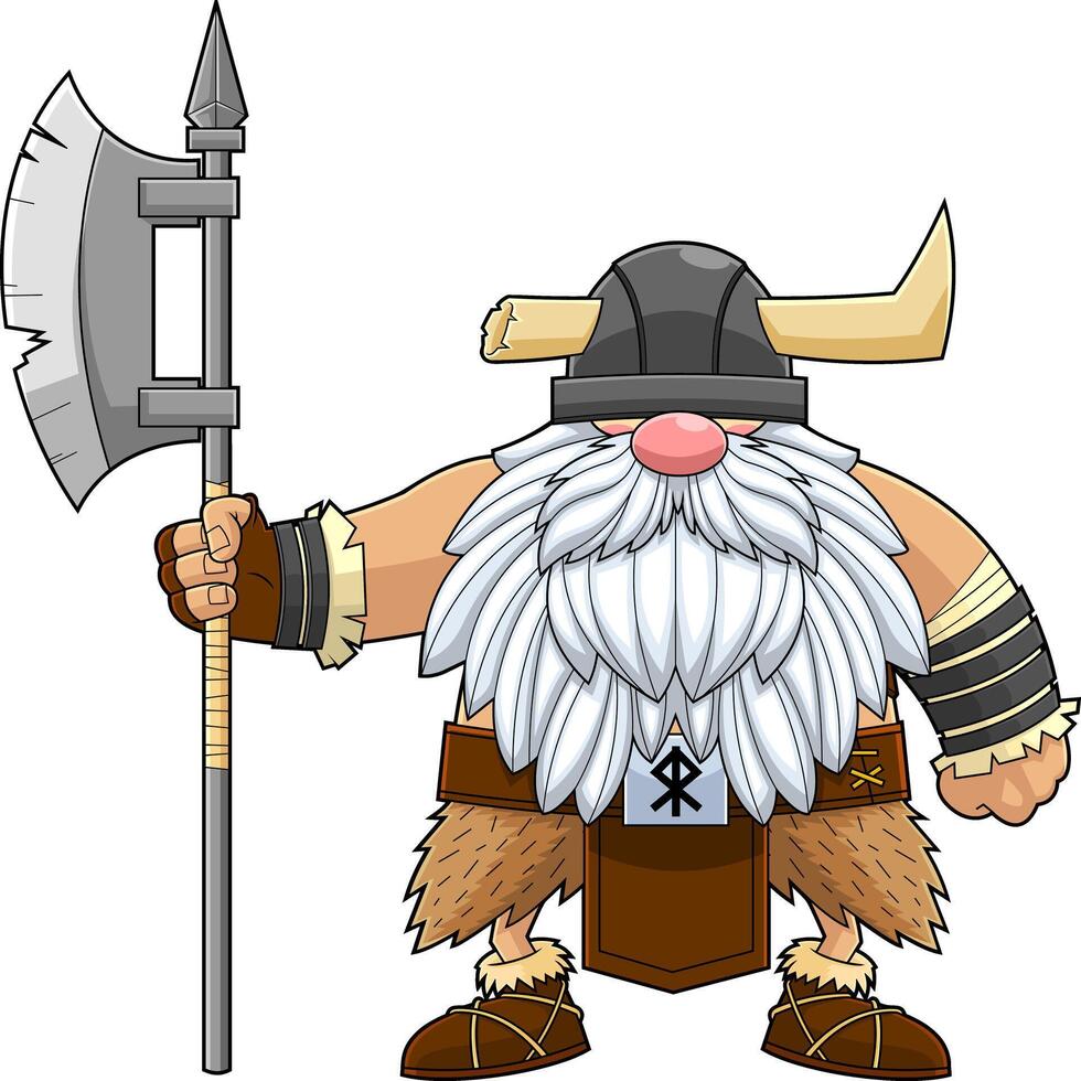 Gnome Viking Warrior Cartoon Character Holds A Great Axe vector