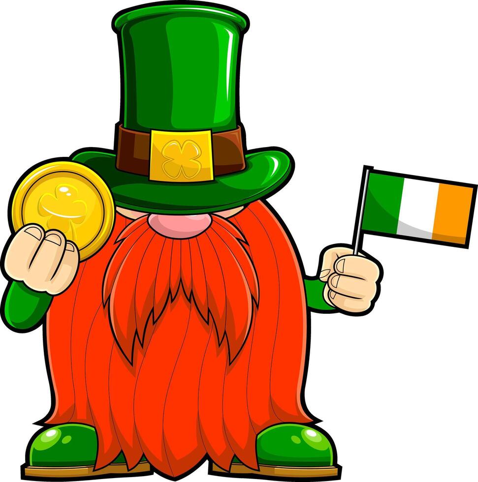 St. Patrick's Day Gnome Cartoon Character Holding A Gold Coin And Flag Of Ireland vector
