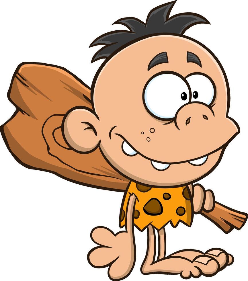 Caveman Kid Cartoon Character With Club vector