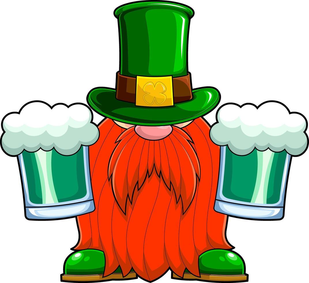 St. Patrick's Day Gnome Cartoon Character Holds Mugs With Beers vector