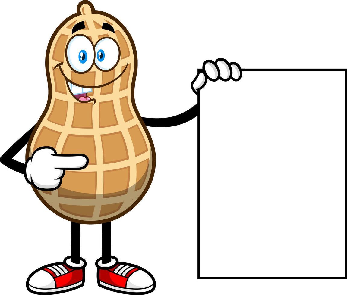 Peanut Cartoon Character Pointing To A Blank Sign vector