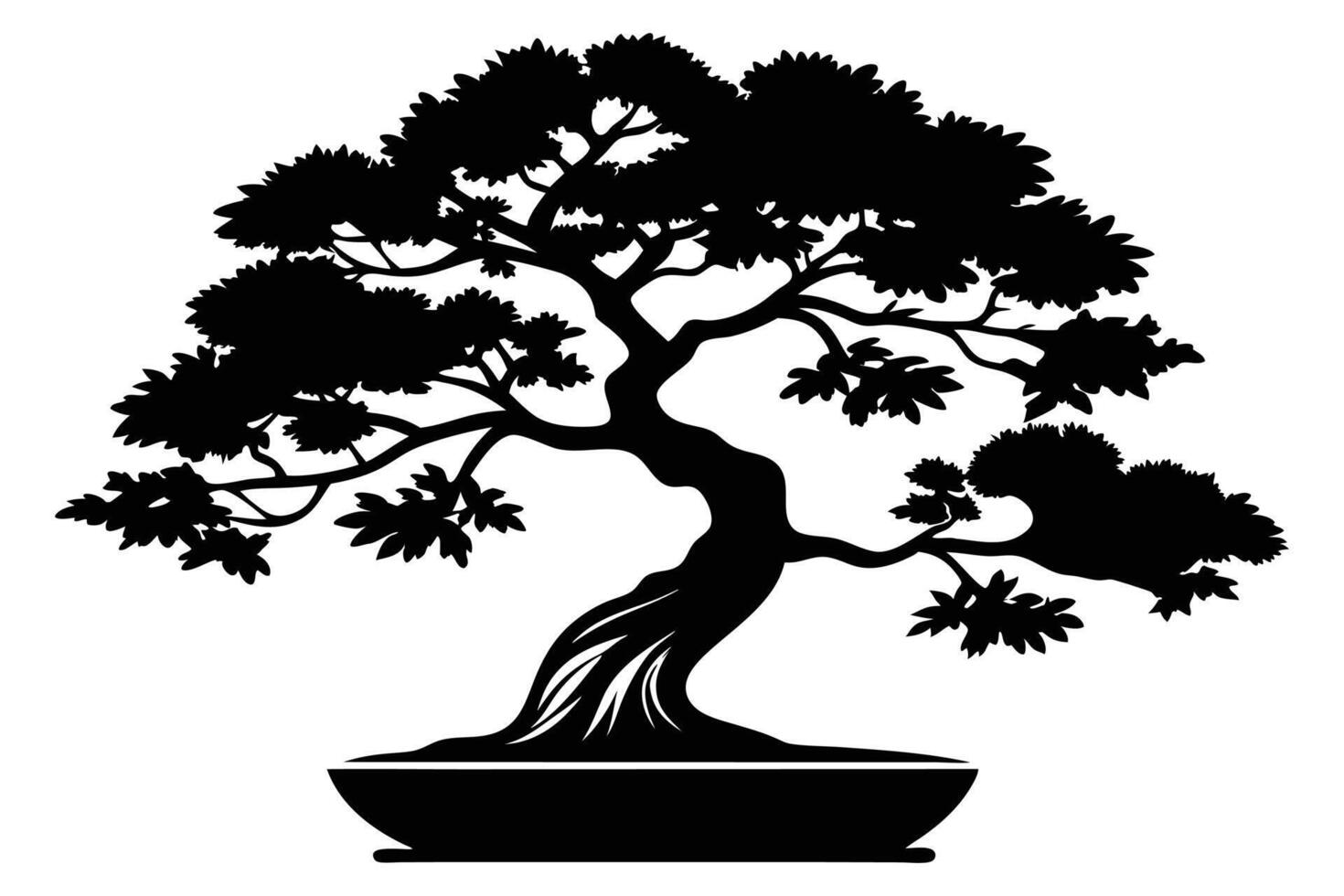 A black Bonsai tree silhouette illustration. vector