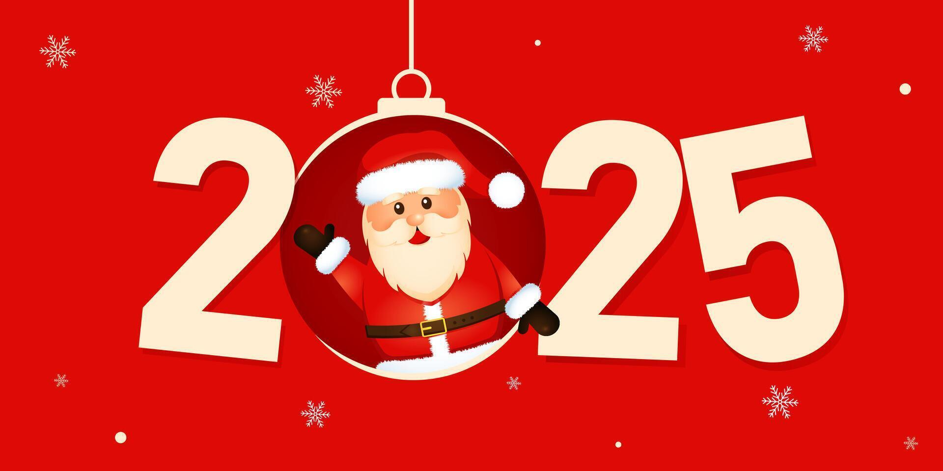 Banner for the new year 2025 with a cheerful santa on a Christmas ball, happy new year greetings. vector