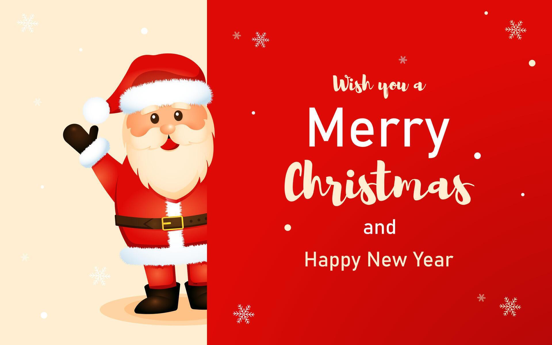 Xmas greeting card banner with cheerful santa on red background in cartoon style.We wish you a