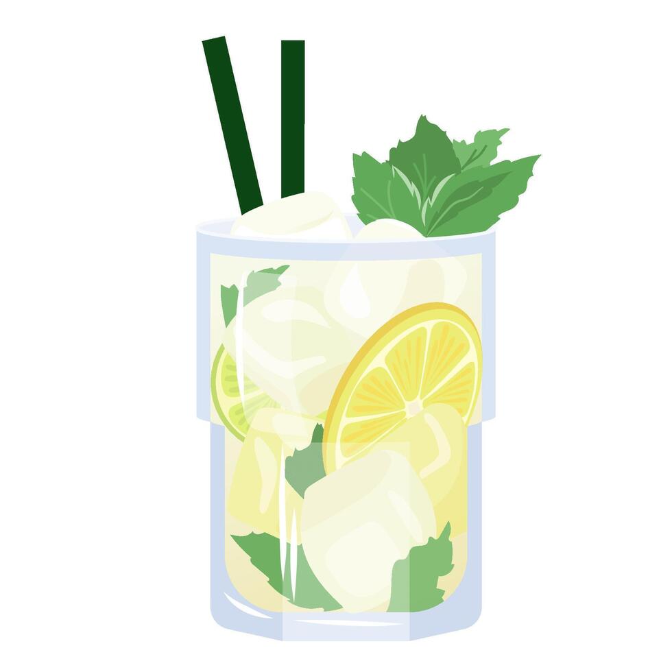 Mojito realistic cocktail in glass with lime, ice, mint leaves and drinking straw. illustration summer beach cocktail isolated on white background. vector