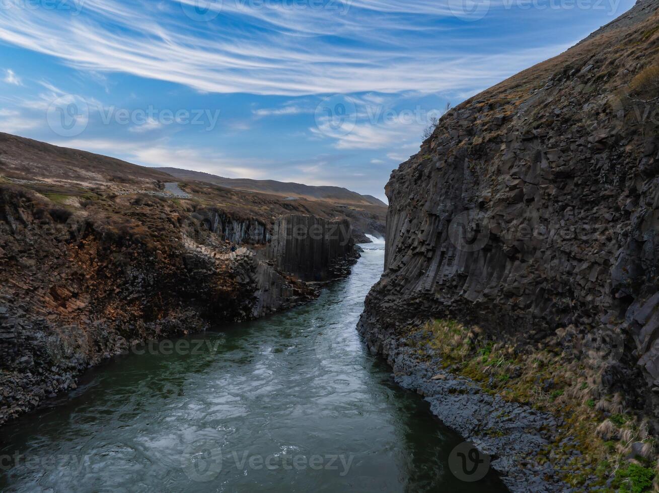 Aerial View of Turbulent River Flowing Through Steep Canyon in Iceland photo