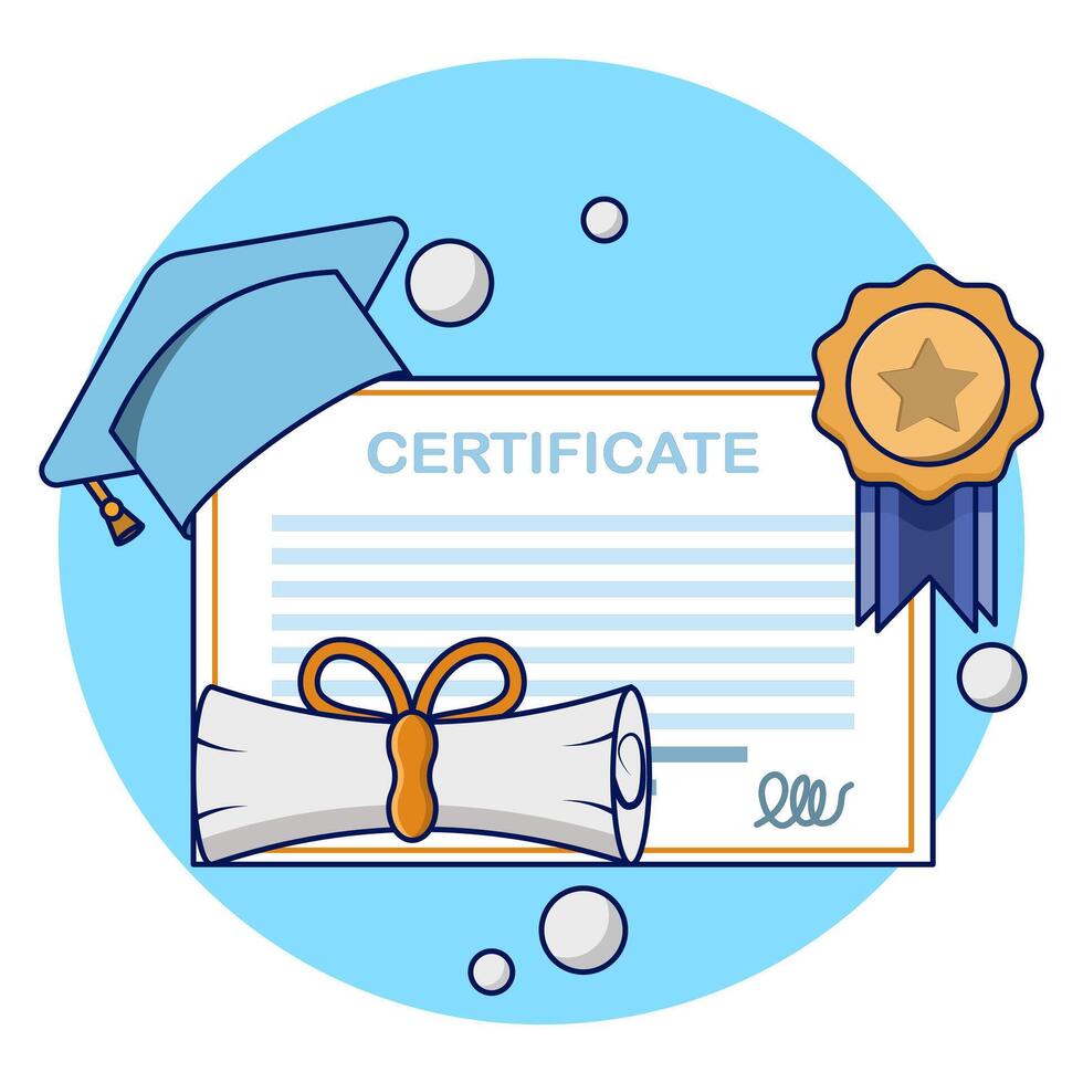 graduation certificate concept. University graduation, college for students, graduation certificate with trophy icon with stamp and ribbon bow. Educational diplomas for student learning success. vector