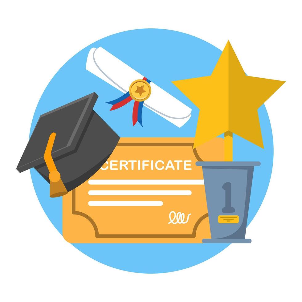 graduation certificate concept. University graduation, college for students, graduation certificate with trophy icon with stamp and ribbon bow. Educational diplomas for student learning success. vector