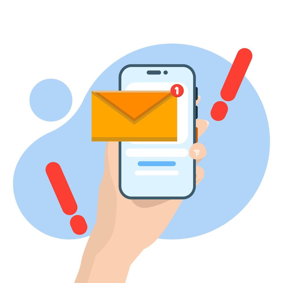 Concept of receiving message notifications on mobile phone. mobile app, email marketing, incoming newsletter, new email notification, cartoon bubble with email notification. flat illustration. vector