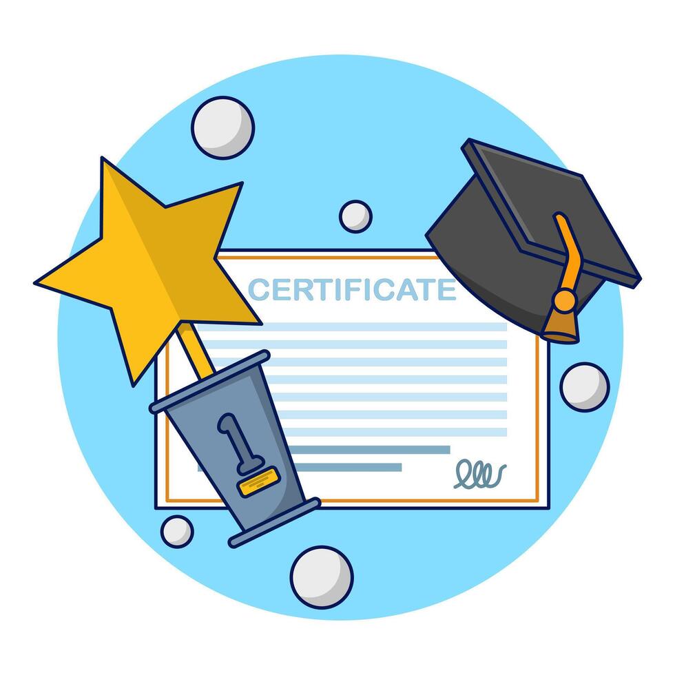 graduation certificate concept. University graduation, college for students, graduation certificate with trophy icon with stamp and ribbon bow. Educational diplomas for student learning success. vector