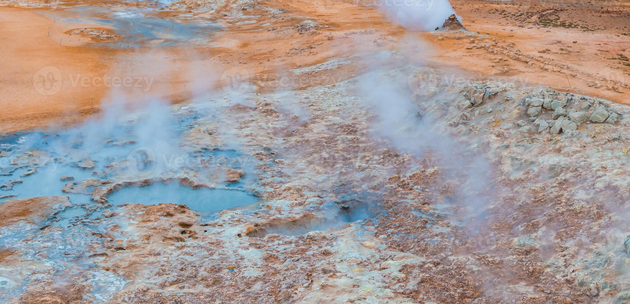 Aerial View of Steaming Geothermal Vents and Pools in Iceland's Unique Landscape photo