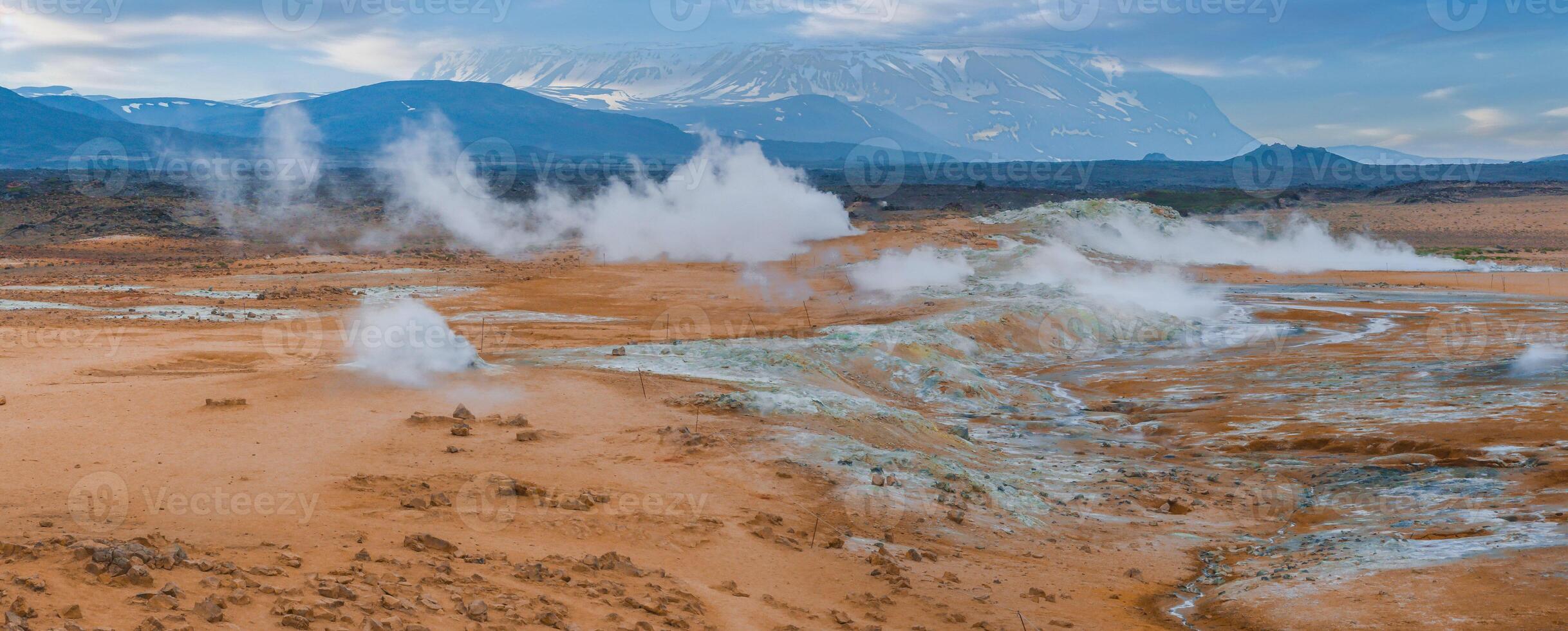 Aerial View of Geothermal Area with Steaming Vents and Snow-Capped Mountains photo