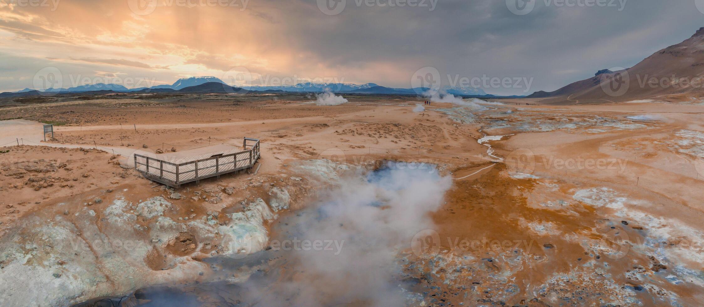 Aerial View of Geothermal Area with Wooden Walkway in Iceland photo