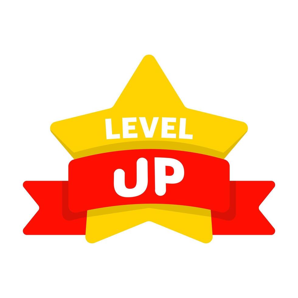 Level up concept, bright and bold badge featuring the word Level Up across stars, perfect for representing achievements, progress or awards in games and apps, flat illustration. vector