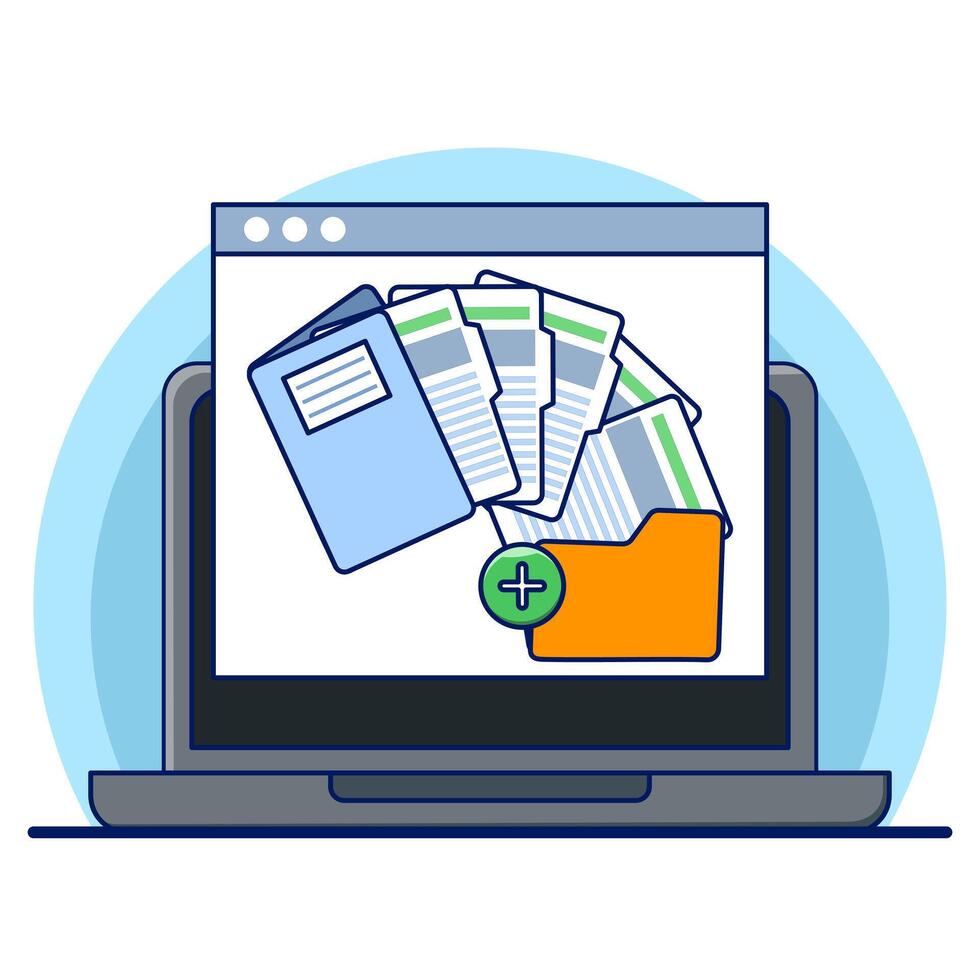 Document and media content concept. Monitor display with yellow folders, file search and indexing. File manager, data storage, work document archive, flat illustration on background. vector