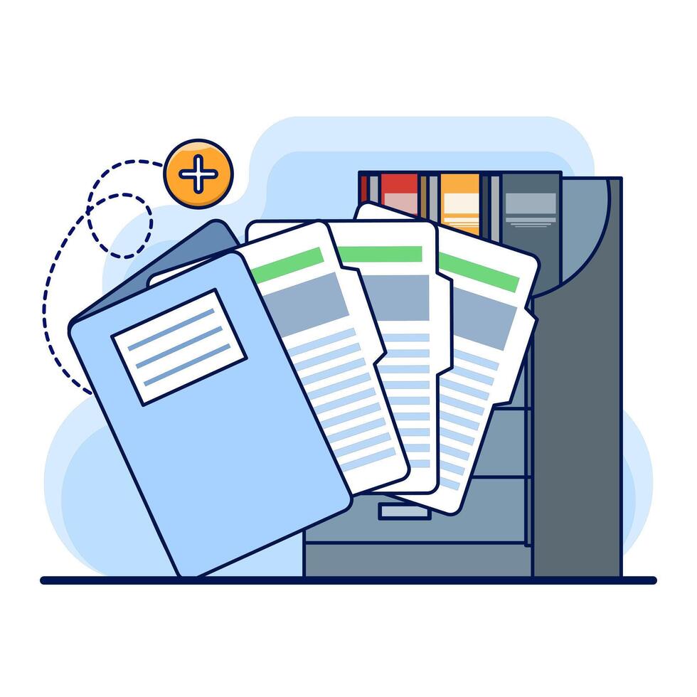 Document and media content concept. Monitor display with yellow folders, file search and indexing. File manager, data storage, work document archive, flat illustration on background. vector