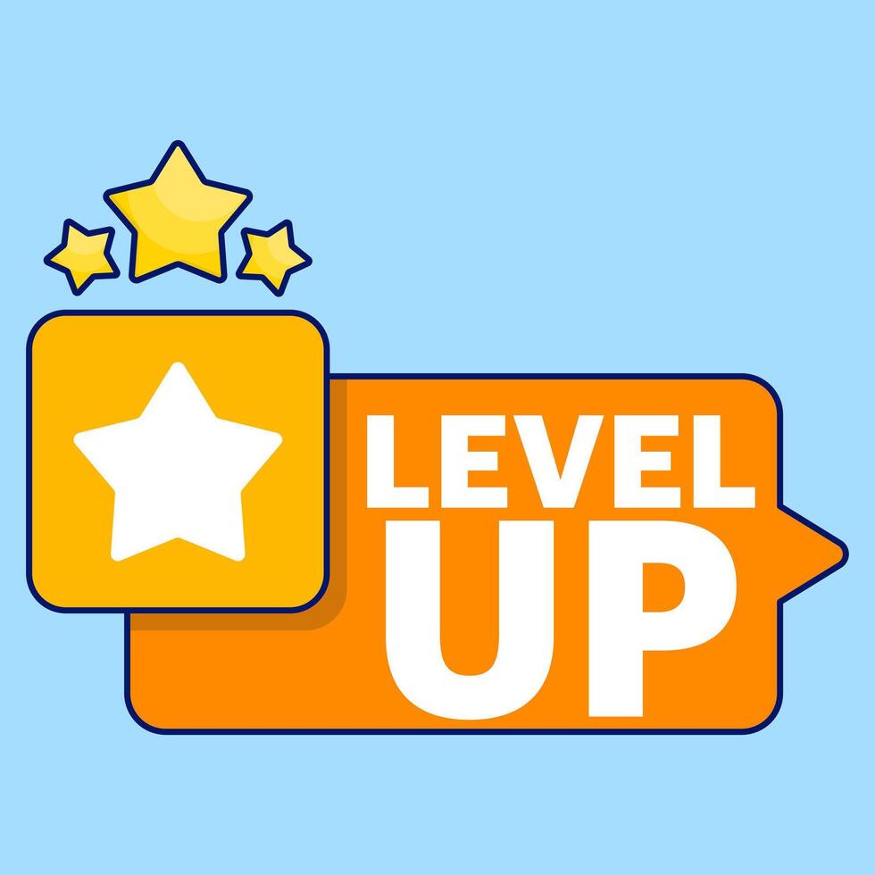 Level up concept, bright and bold badge featuring the word Level Up across stars, perfect for representing achievements, progress or awards in games and apps, flat illustration. vector