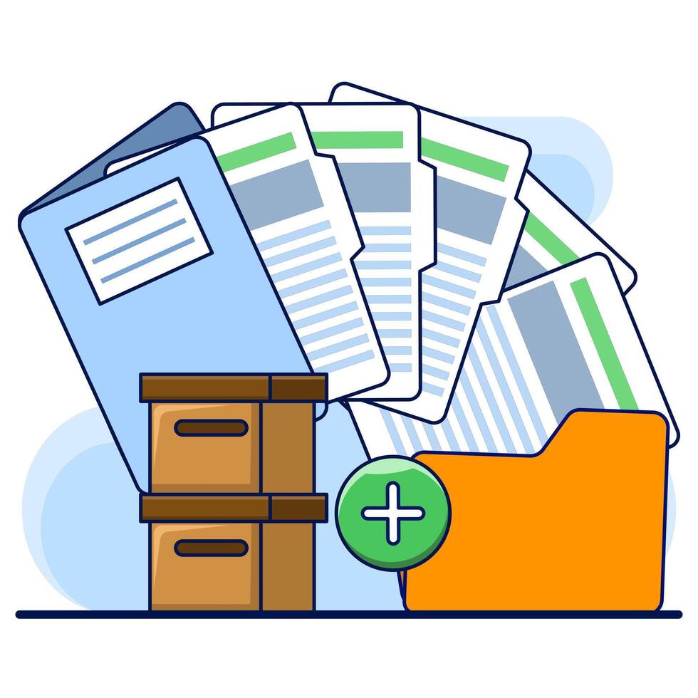 Document and media content concept. Monitor display with yellow folders, file search and indexing. File manager, data storage, work document archive, flat illustration on background. vector