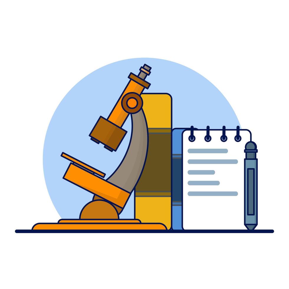 science concept, microscope with book. read a book. A microscope and a stack of books nearby. School education in science. education element, isolated illustration. cartoon illustration. vector
