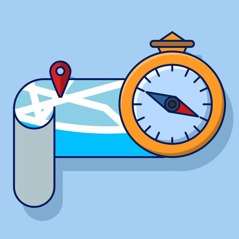 Concept of Compass and Map Pin Signs as symbols for pointing directions in Cartoon Illustration Style. marker, place you want to go, reading directions with map, Travel Element Design Concept. vector
