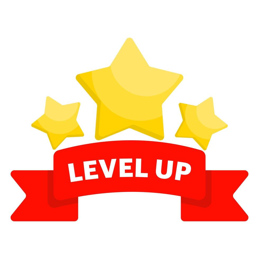 Level up concept, bright and bold badge featuring the word Level Up across stars, perfect for representing achievements, progress or awards in games and apps, flat illustration. vector