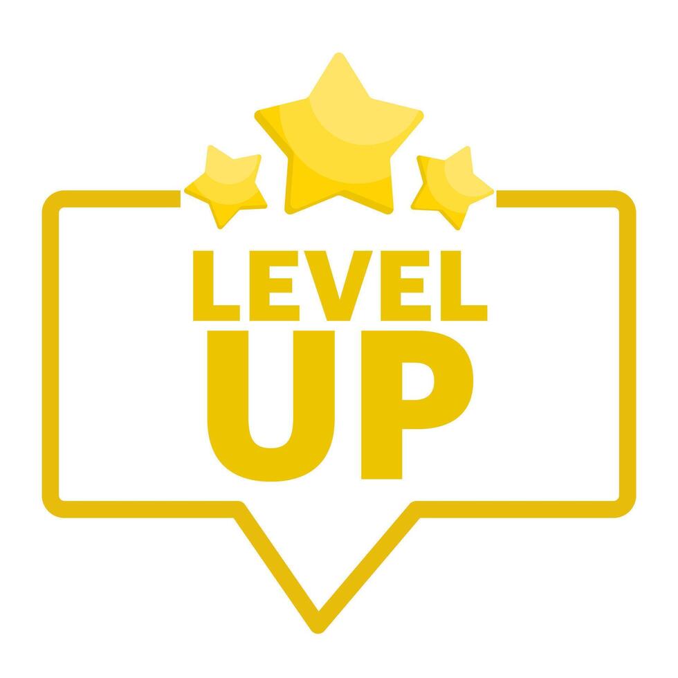Level up concept, bright and bold badge featuring the word Level Up across stars, perfect for representing achievements, progress or awards in games and apps, flat illustration. vector