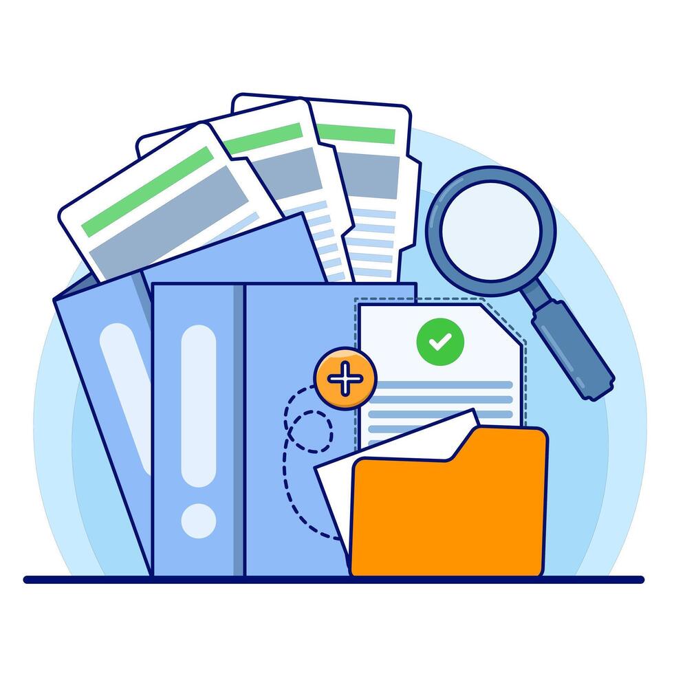 Document and media content concept. Monitor display with yellow folders, file search and indexing. File manager, data storage, work document archive, flat illustration on background. vector