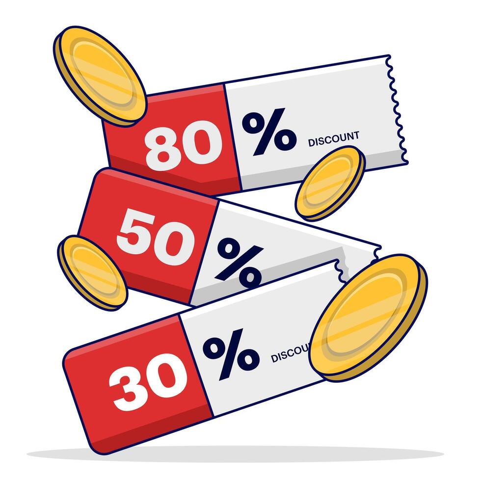 Coupon promotion concept. Discount coupons, gift vouchers, coupon books, cash back voucher cards with coupon code promotions. Premium special prices offer sales coupons. Gift voucher. vector