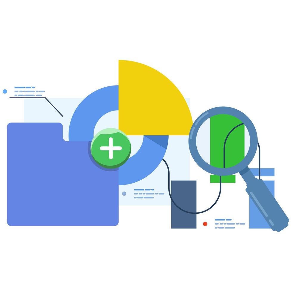 Data science and big data concept. Analysis. Folder with magnifying glass and pie charts. Infographic elements, Data Analysis for websites and mobile websites. modern flat illustration. File. vector