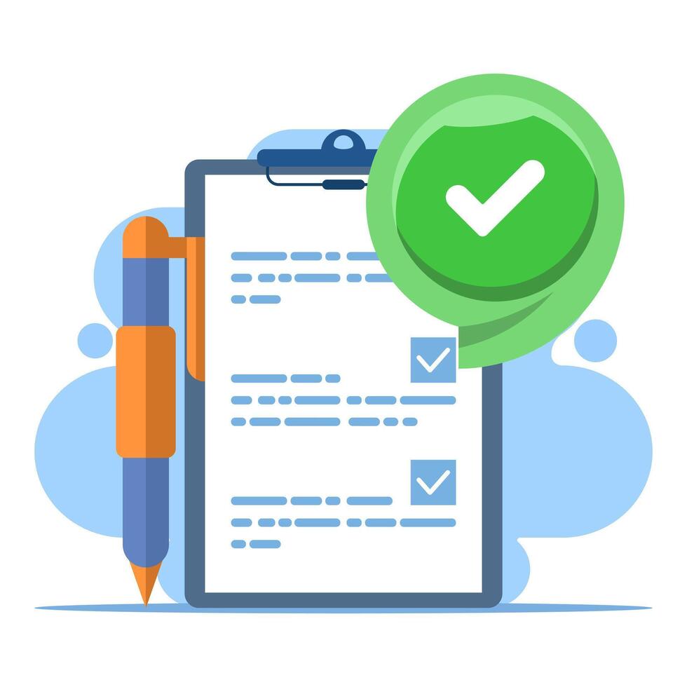 Completed task concept with check mark, all tasks have been completed, checklist work check, questionnaire or project evaluation, elements and modern for app or web. flat design illustration. vector