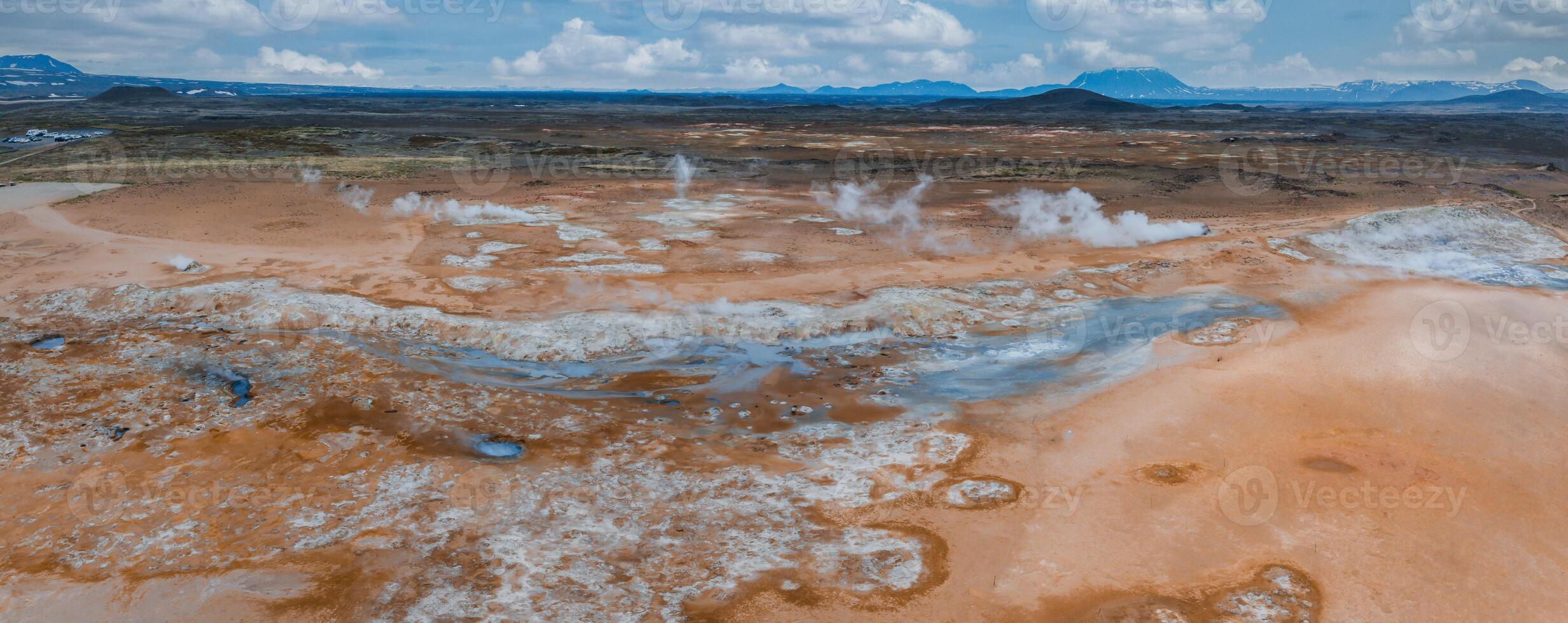 Aerial View of Geothermal Pool and Volcanic Landscape in Iceland photo