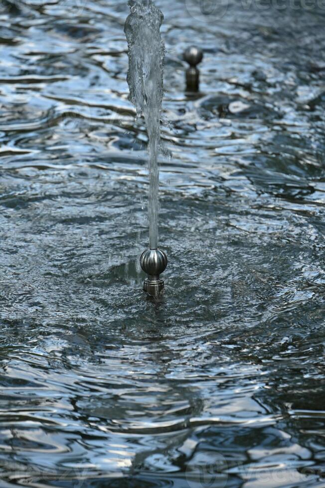 a bird is drinking from a fountain in a pond photo