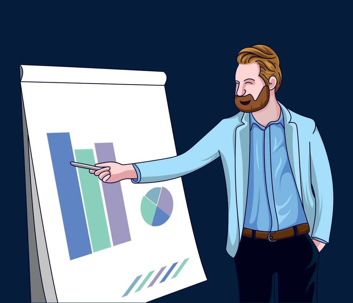 Professional in executive suit presenting business data on whiteboard with statistics graphs vector