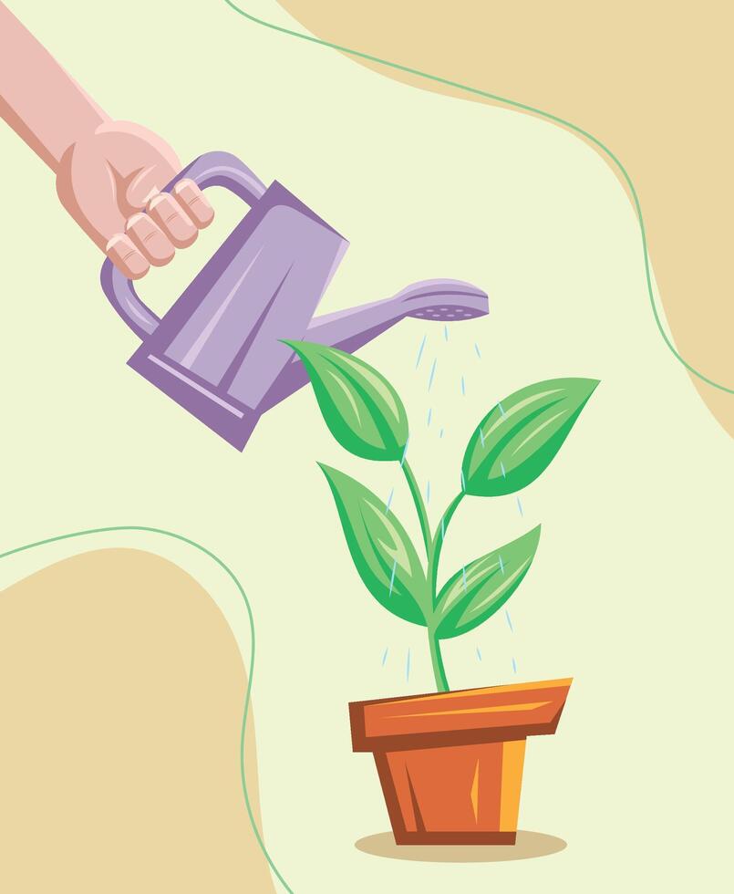Illustration of Hand Watering Potted Plant on Soft Toned Background vector