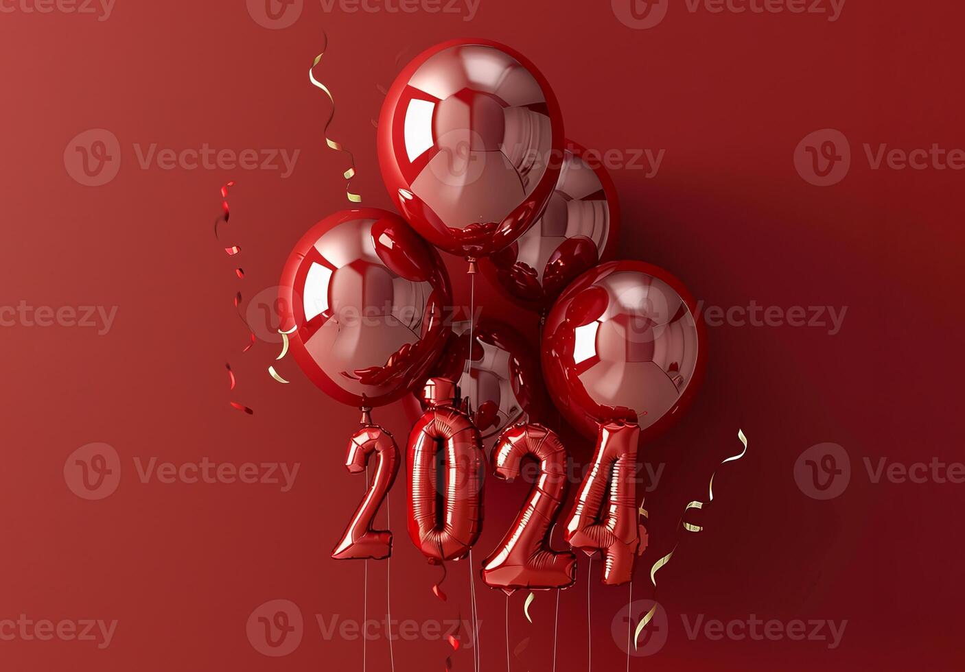 A group of balloons with numbers 2024 and confetti in red colors photo