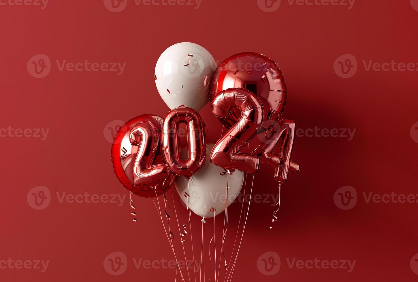 A group of balloons with numbers 2024 and confetti in red colors photo