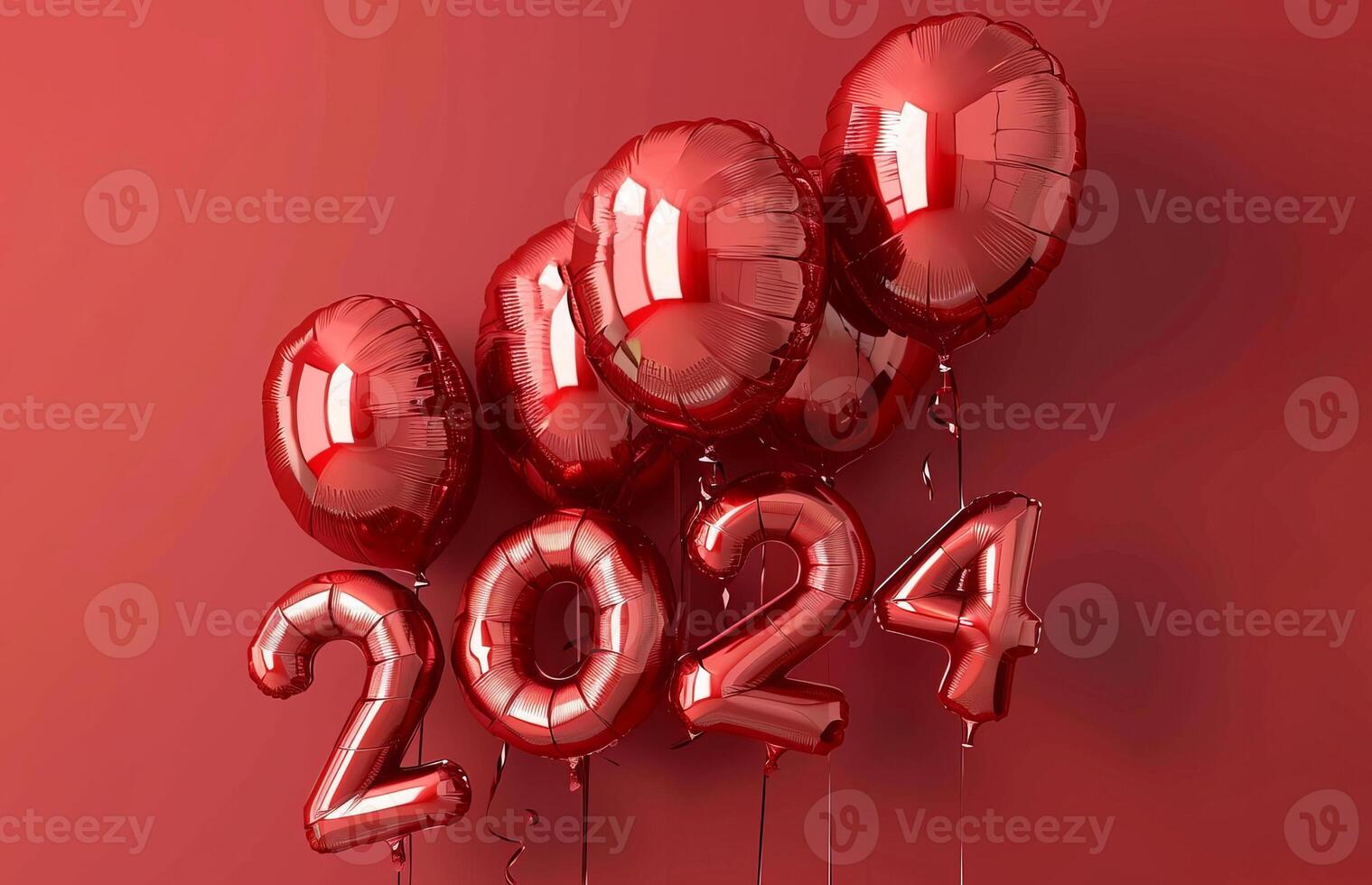 A group of balloons on a wall with numbers 2024 in red and white colors photo