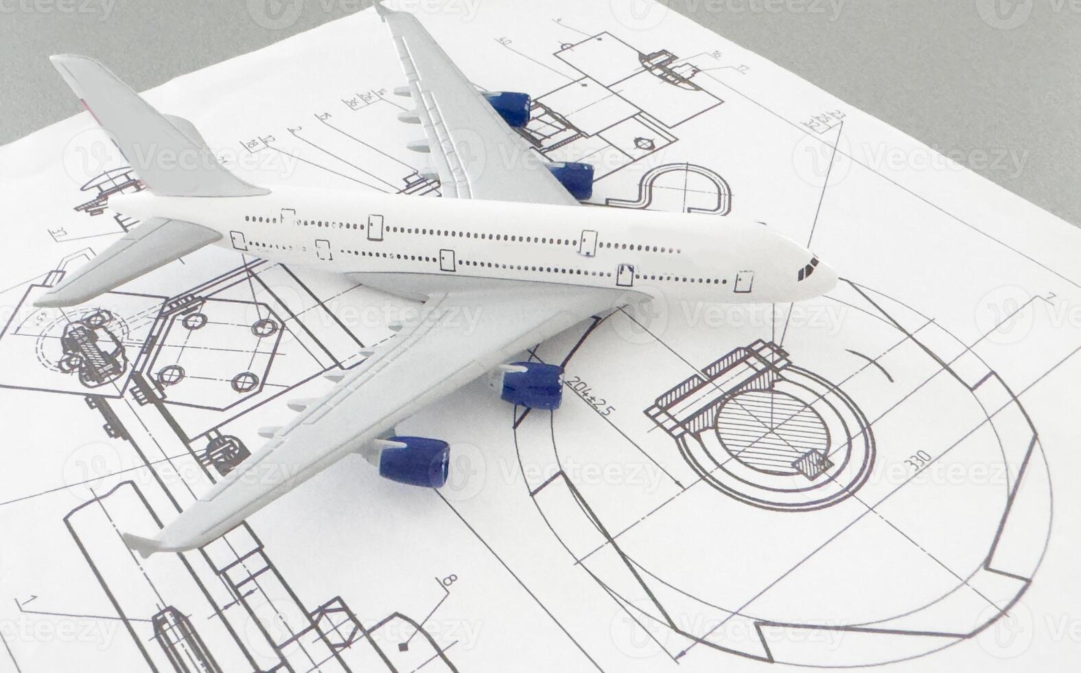 Image of passenger airplane and engineering blueprint photo