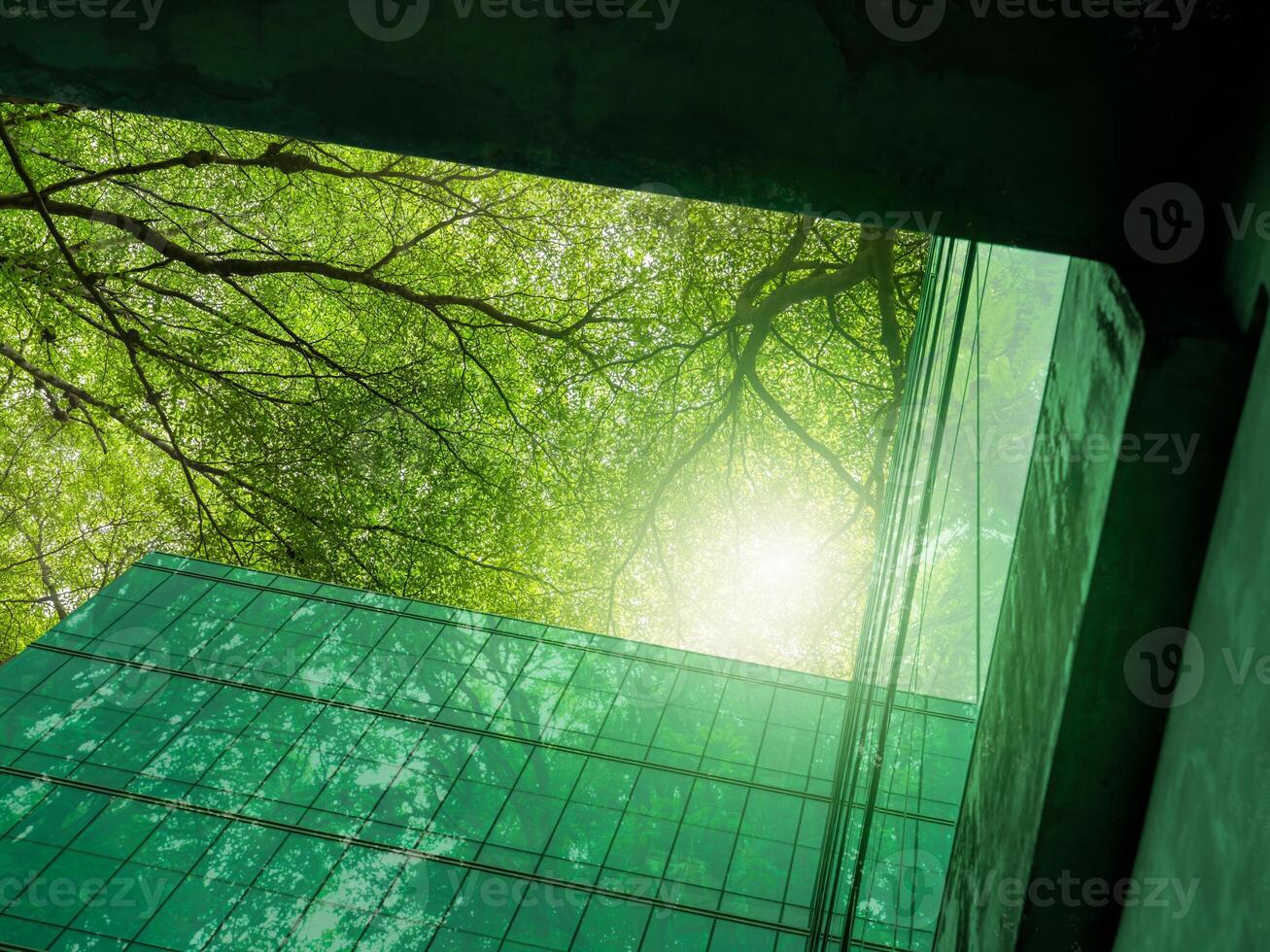 Eco-friendly building in the modern city. Sustainable glass office building with trees for reducing heat and carbon dioxide. Office building with green environment. Corporate building reduce CO2. photo
