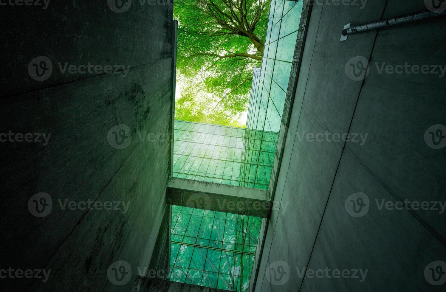 Eco-friendly building in modern city. Sustainable glass office building with trees for reducing carbon dioxide. Office building with green environment. Corporate building reduce CO2. Net zero emission photo