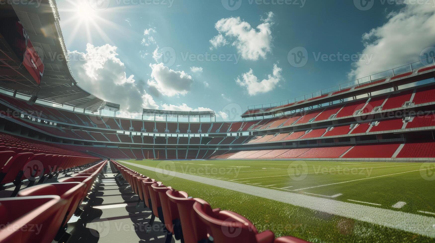 Empty soccer stadium with rows of blue seats and a green field. Ideal for sports backgrounds photo