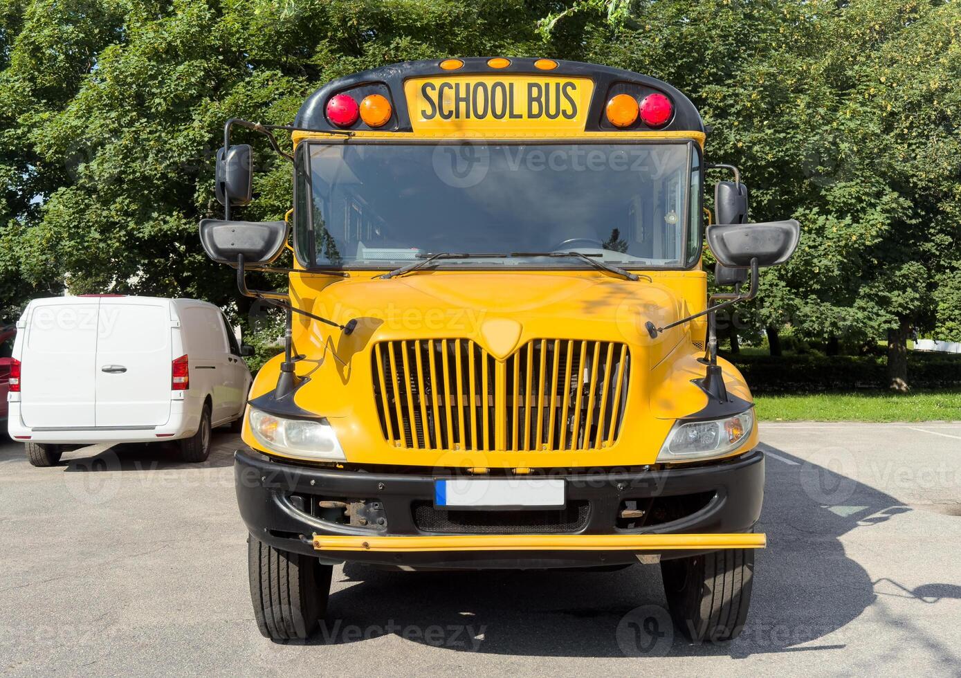 the front of a yellow school bus photo