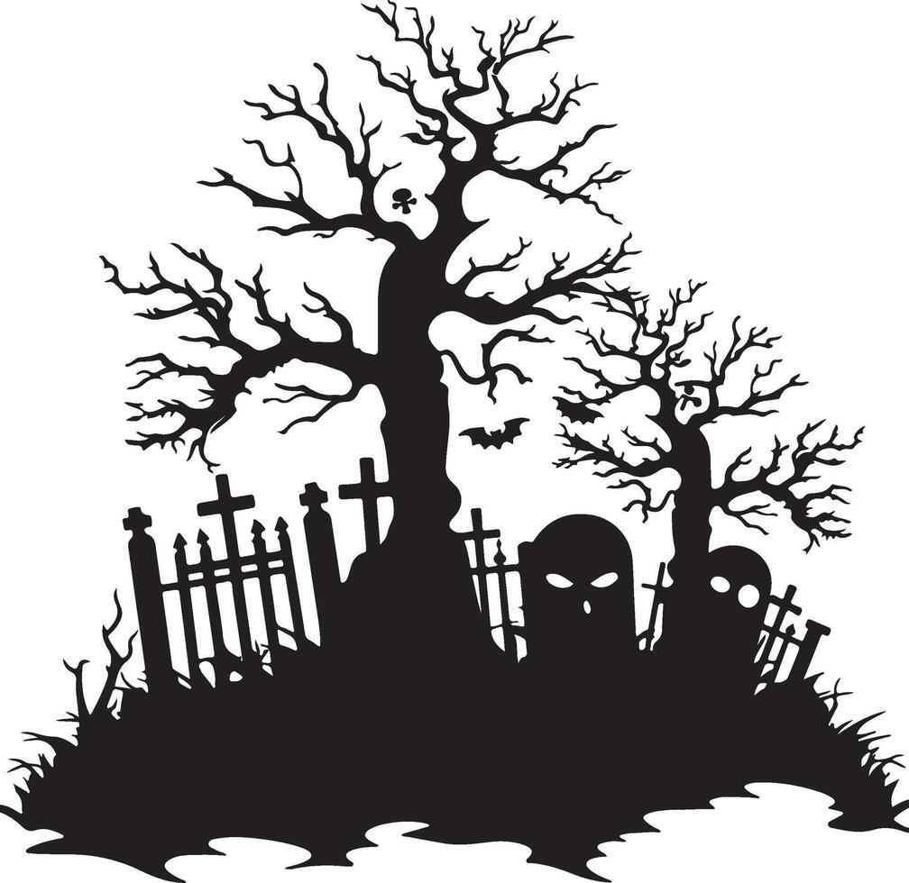 Halloween Graveyard Silhouette Illustration White Background vector