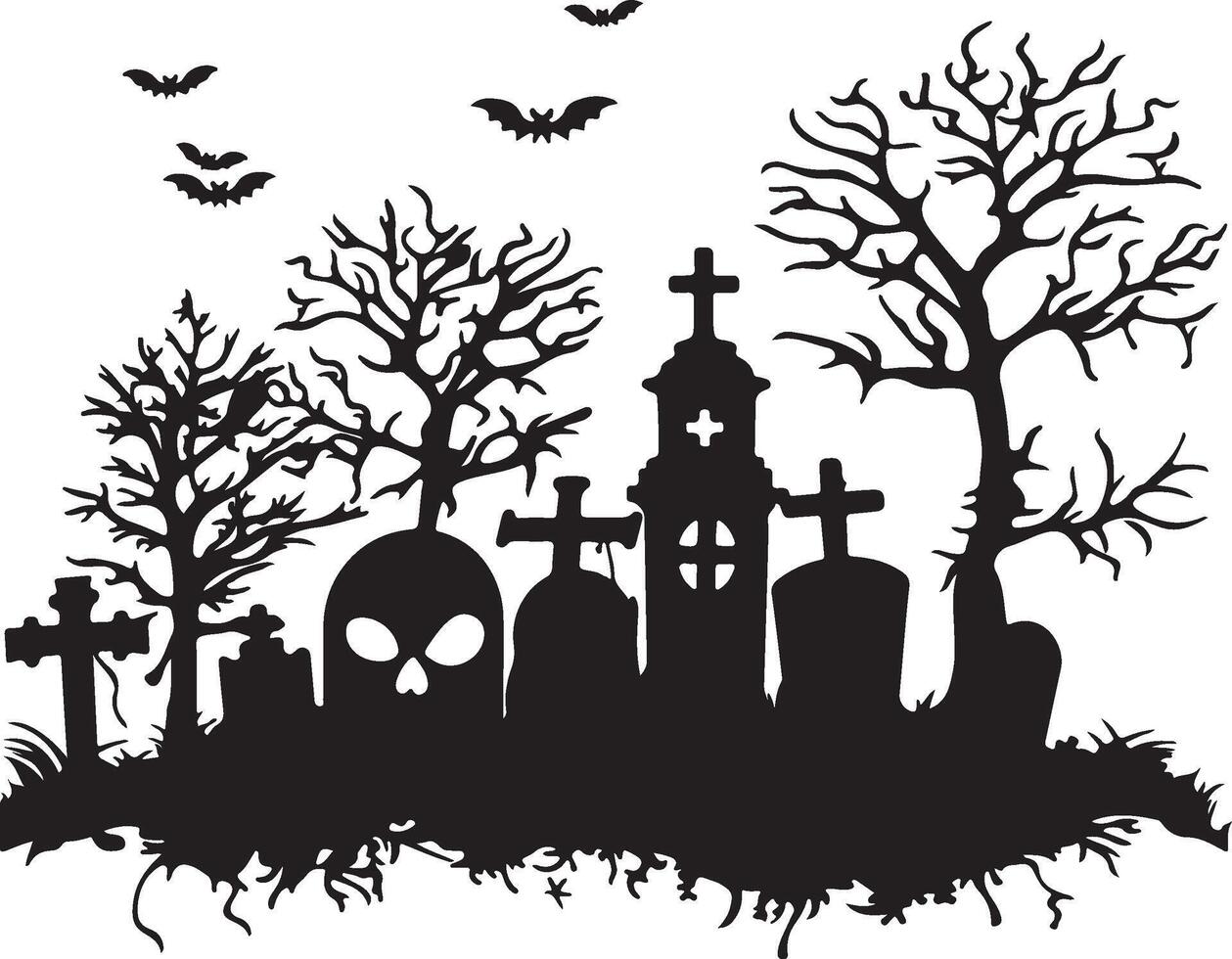 Halloween Graveyard Silhouette Illustration White Background vector