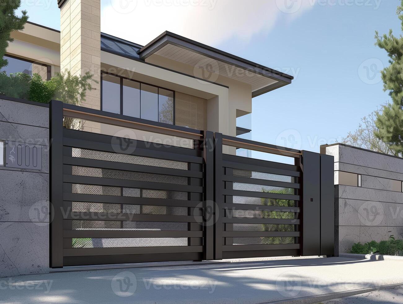 A gray private house of two floors hidden behind a fence with automatic sliding brown gates photo