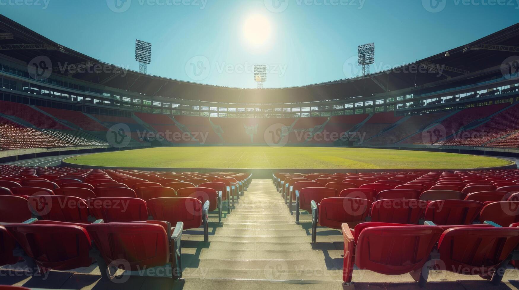 Empty soccer stadium with rows of blue seats and a green field. Ideal for sports backgrounds photo