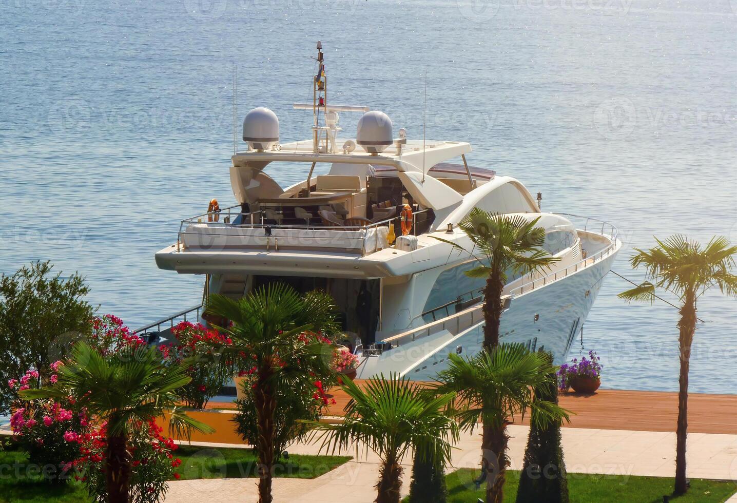 Large luxury yacht docked on calm blue water with palm trees in background photo