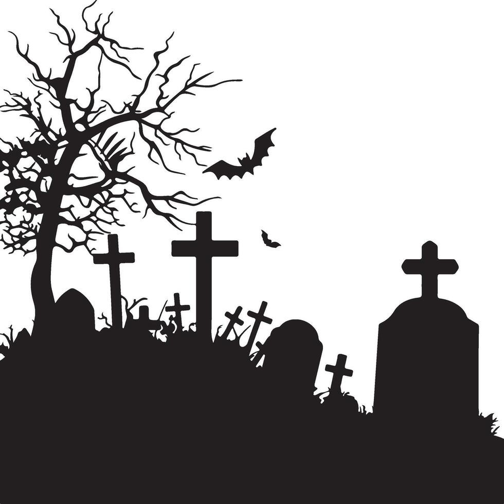 Halloween Graveyard Silhouette Illustration White Background vector