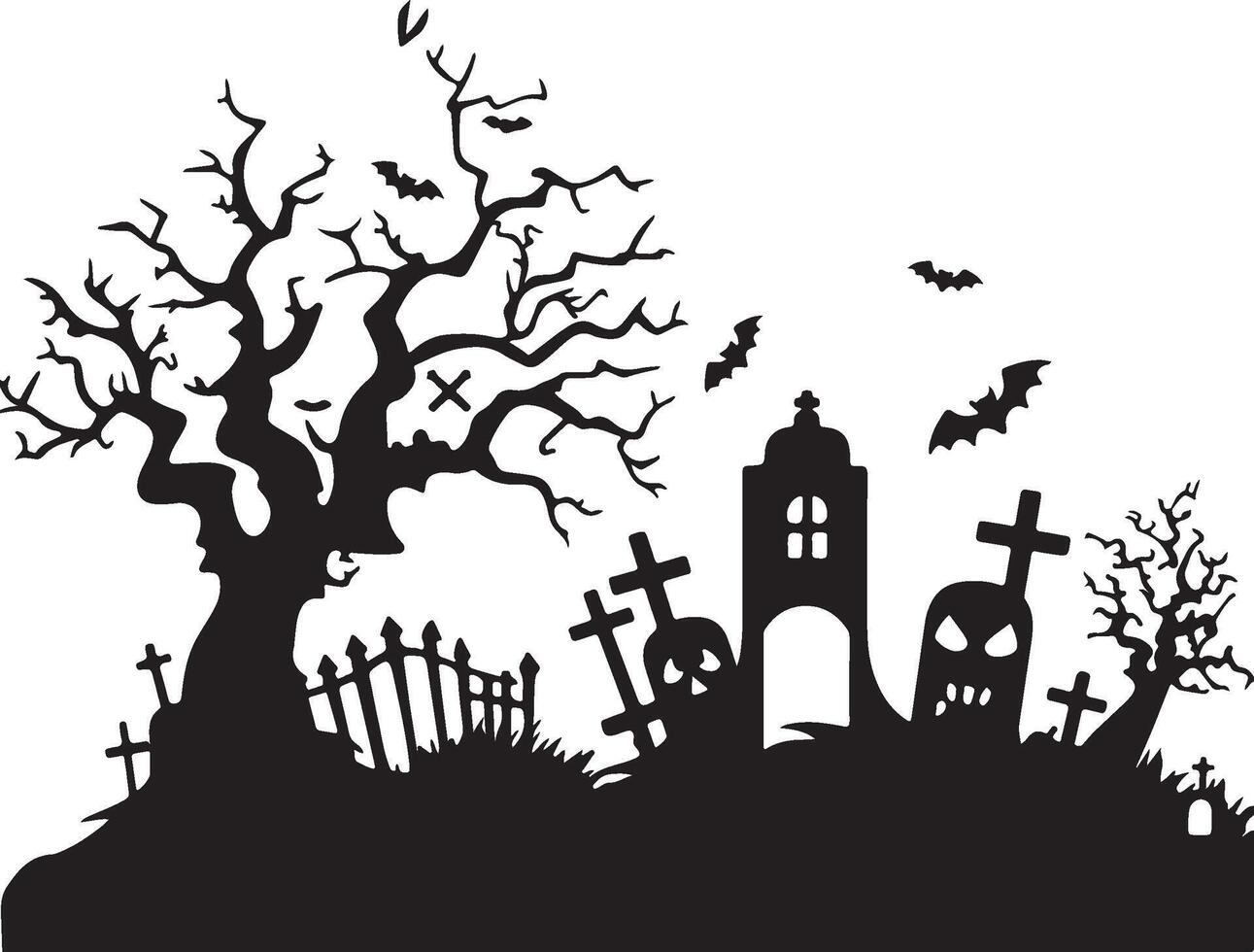 Halloween Graveyard Silhouette Illustration White Background vector